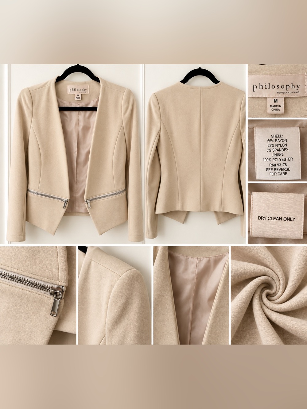 Philosophy Beige Zip Front Blazer Size M Like New